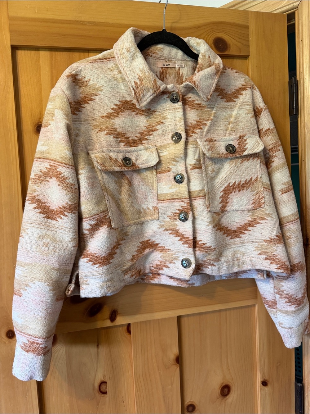 Cropped Aztec-Print Jean Jacket in Beige & Tan - Women
